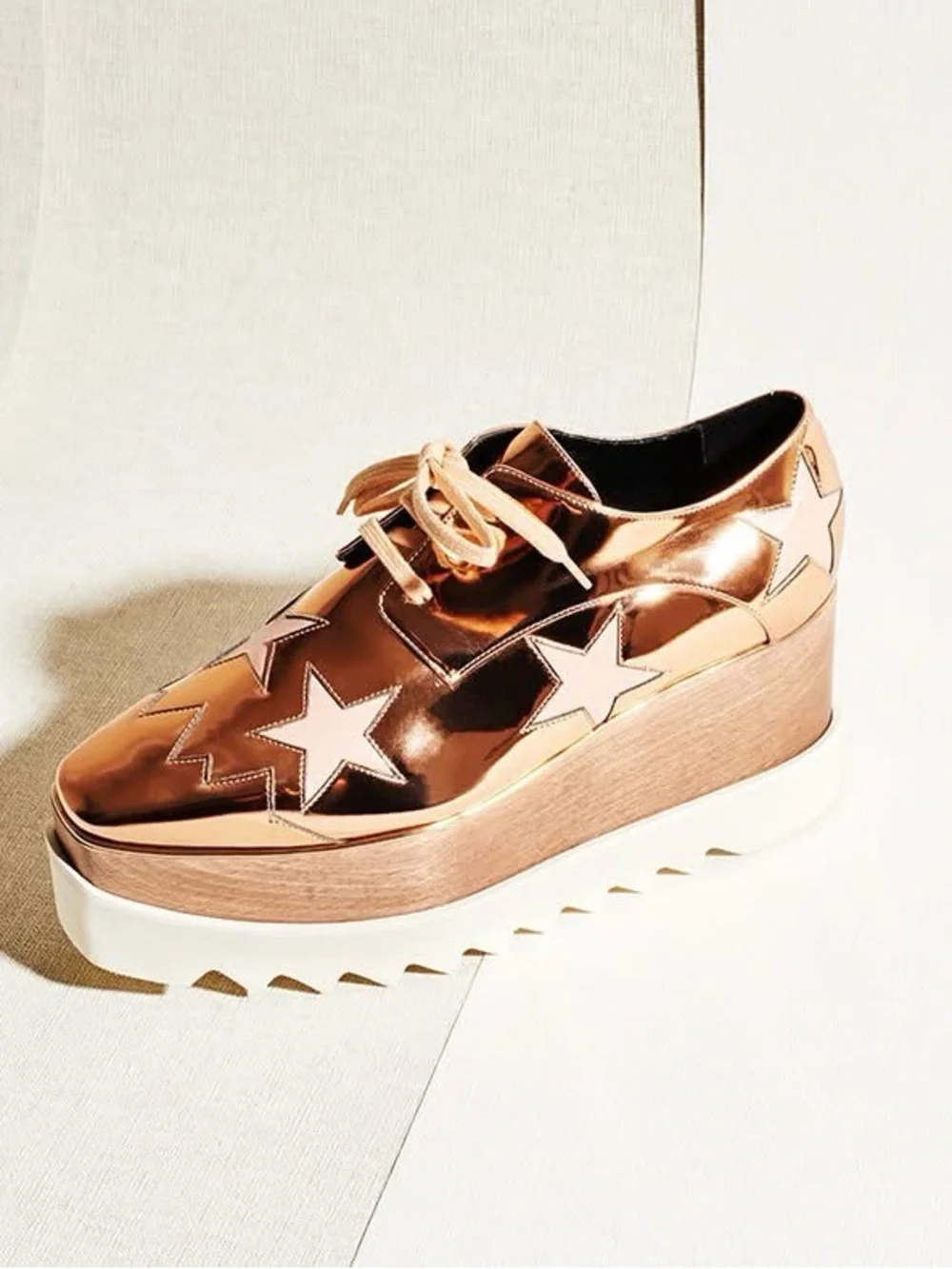 Stella McCartney Metallic Rose Gold Platform Lace-Up Sneakers with Pink Stars